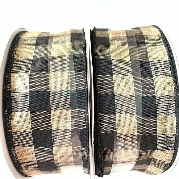 2 Celebrate It Christmas Plaid Buffalo Black Tan Wired Jumbo Ribbon 2.5 in New - Picture 5 of 5